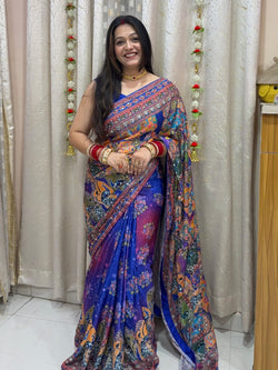 Angelic Multicolor Chinon Silk Printed Mirror Work Saree