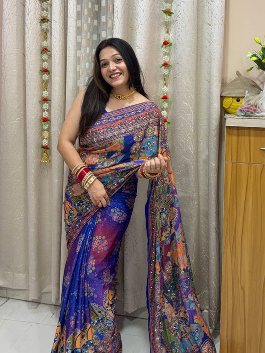 Angelic Multicolor Chinon Silk Printed Mirror Work Saree