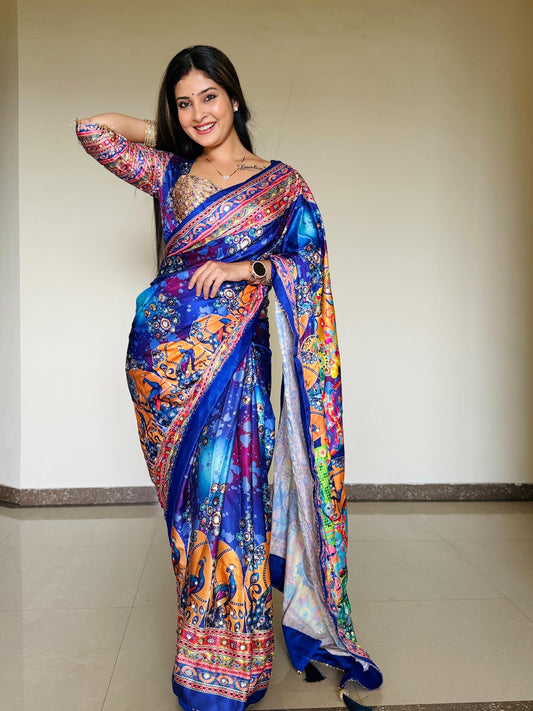 Zephyr Multicolor Chinon Silk Printed Mirror Work Saree