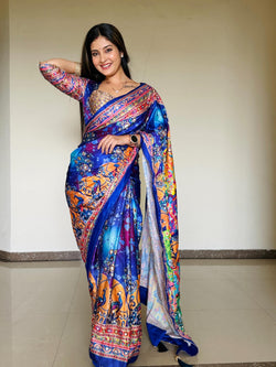 Zephyr Multicolor Chinon Silk Printed Mirror Work Saree