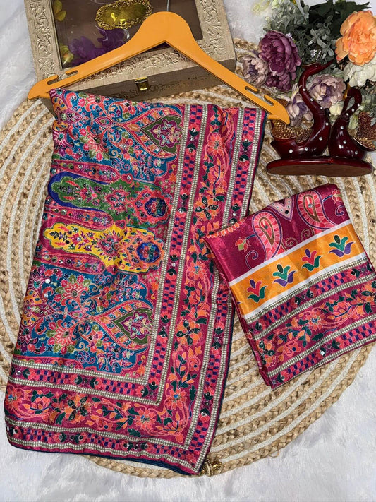 Embrocation Multicolor Chinon Silk Printed Mirror Work Saree