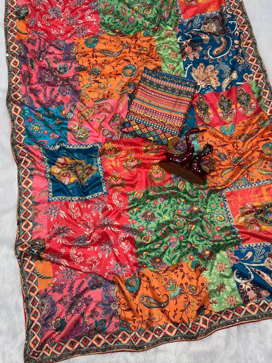 Whimsical Multicolor Chinon Silk Printed Mirror Work Saree