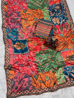 Whimsical Multicolor Chinon Silk Printed Mirror Work Saree