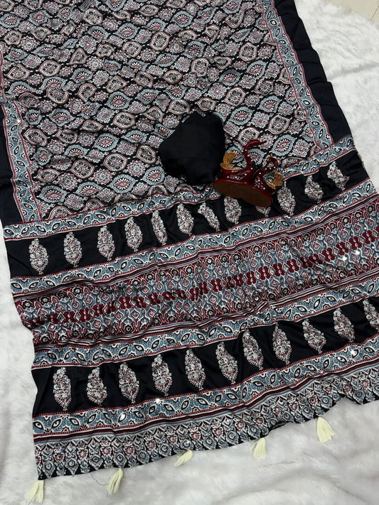 Refreshing Black Crape Silk Ajrakh Printed Mirror Work Saree