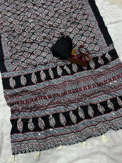 Refreshing Black Crape Silk Ajrakh Printed Mirror Work Saree