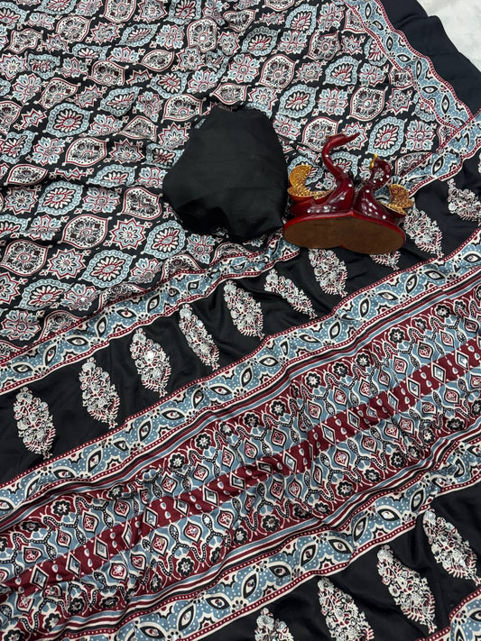 Refreshing Black Crape Silk Ajrakh Printed Mirror Work Saree