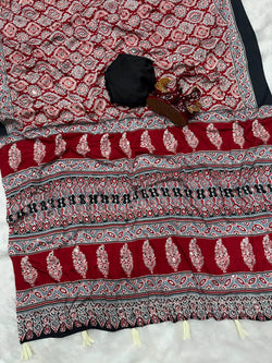 Bucolic Maroon Crape Silk Ajrakh Printed Mirror Work Saree