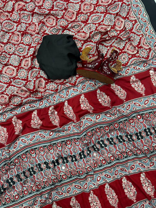 Bucolic Maroon Crape Silk Ajrakh Printed Mirror Work Saree