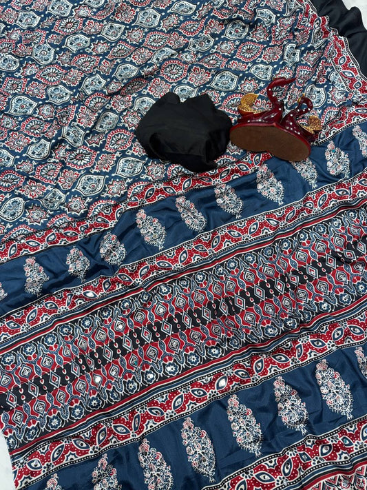 Confounding Navy Blue Crape Silk Ajrakh Printed Mirror Work Saree