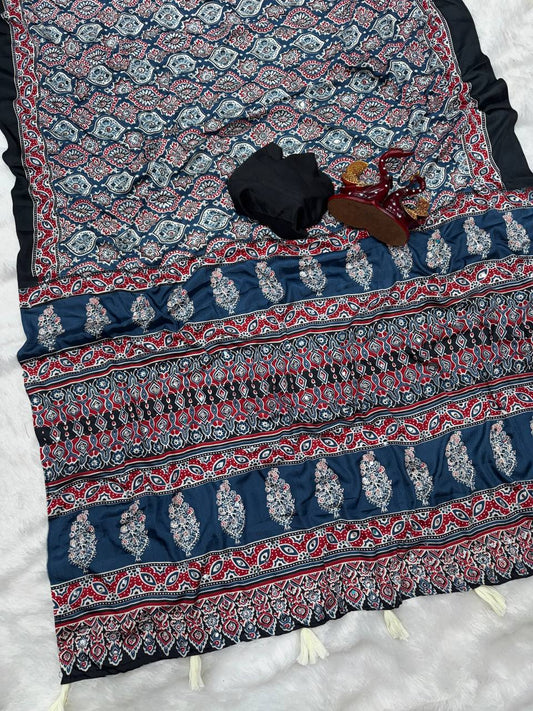 Confounding Navy Blue Crape Silk Ajrakh Printed Mirror Work Saree