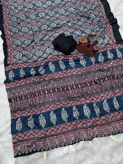 Confounding Navy Blue Crape Silk Ajrakh Printed Mirror Work Saree