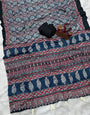 Confounding Navy Blue Crape Silk Ajrakh Printed Mirror Work Saree