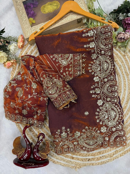 Preferable Brown Fandy Silk Sequence Embroidery Work Saree With Stitched Blouse