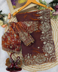 Preferable Brown Fandy Silk Sequence Embroidery Work Saree With Stitched Blouse