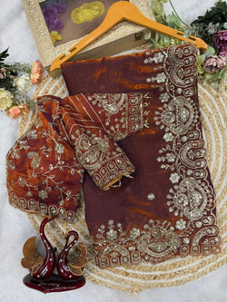Preferable Brown Fandy Silk Sequence Embroidery Work Saree With Stitched Blouse