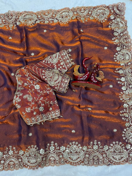 Preferable Brown Fandy Silk Sequence Embroidery Work Saree With Stitched Blouse