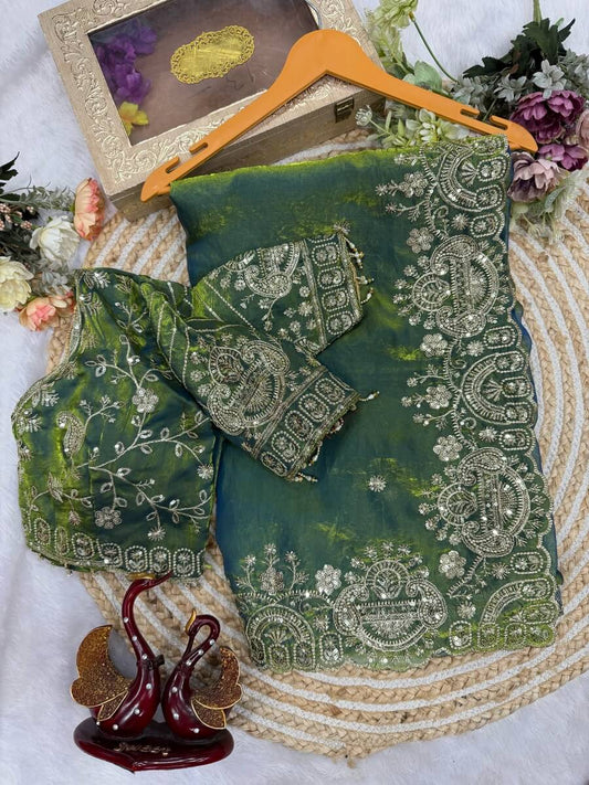 Diaphanous Green Fandy Silk Sequence Embroidery Work Saree With Stitched Blouse