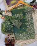 Diaphanous Green Fandy Silk Sequence Embroidery Work Saree With Stitched Blouse