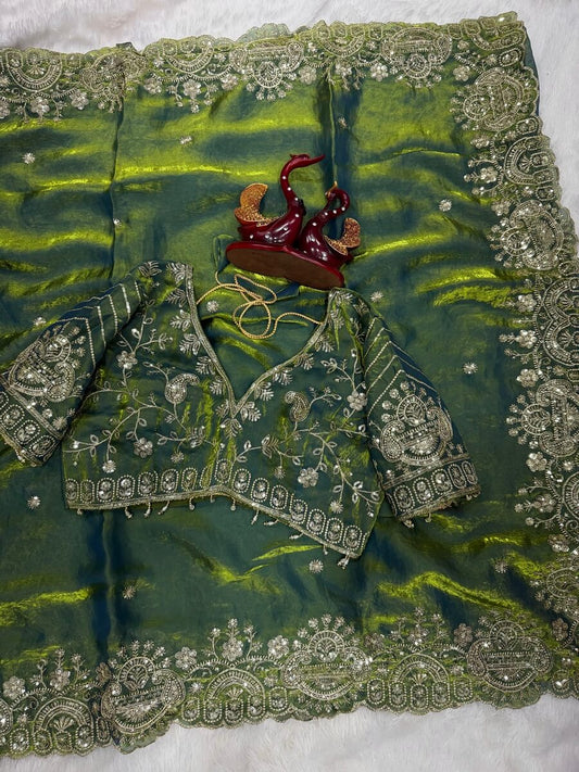 Diaphanous Green Fandy Silk Sequence Embroidery Work Saree With Stitched Blouse