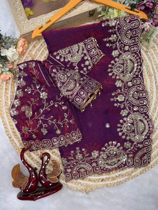 Ephemeral Purple Fandy Silk Sequence Embroidery Work Saree With Stitched Blouse