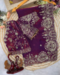 Ephemeral Purple Fandy Silk Sequence Embroidery Work Saree With Stitched Blouse