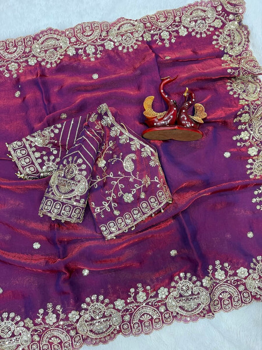 Ephemeral Purple Fandy Silk Sequence Embroidery Work Saree With Stitched Blouse
