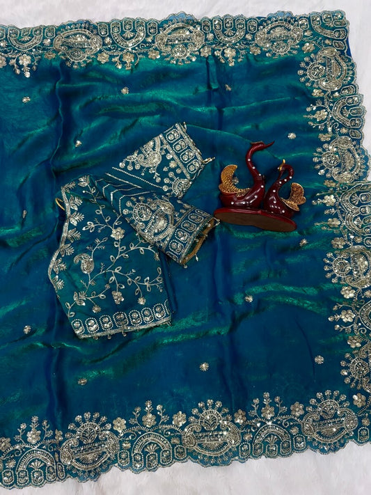 Tremendous Rama Fandy Silk Sequence Embroidery Work Saree With Stitched Blouse