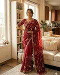 Palimpsest Dark Pink Fandy Silk Sequence Embroidery Work Saree With Stitched Blouse