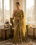 Girlish Green Fandy Silk Sequence Embroidery Work Saree With Stitched Blouse