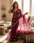 Devastating Purple Fandy Silk Sequence Embroidery Work Saree With Stitched Blouse