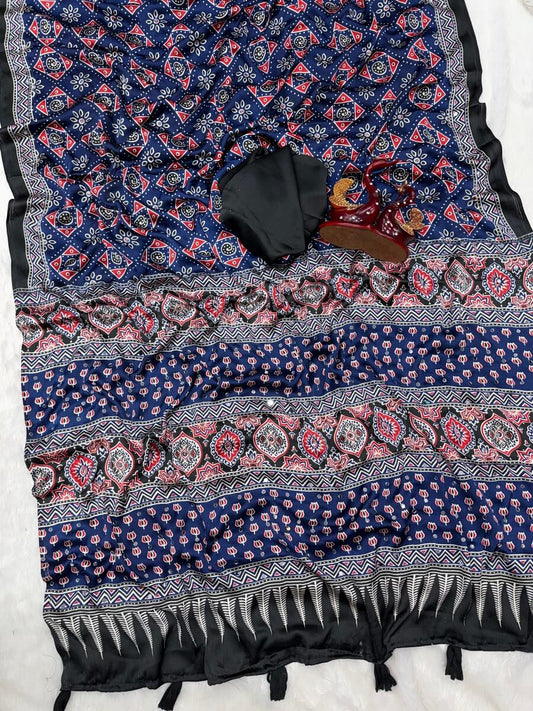 Smart Navy Blue Crape Silk Ajrakh Printed Mirror Work Saree