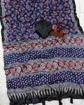 Smart Navy Blue Crape Silk Ajrakh Printed Mirror Work Saree