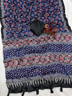 Smart Navy Blue Crape Silk Ajrakh Printed Mirror Work Saree