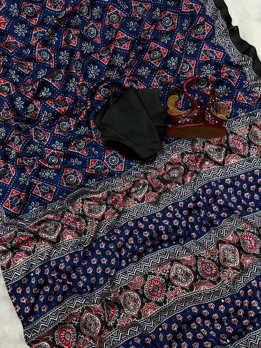 Smart Navy Blue Crape Silk Ajrakh Printed Mirror Work Saree