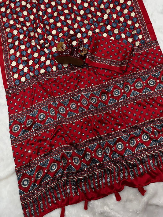 Gorgeous Red Crape Silk Ajrakh Printed Mirror Work Saree