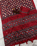 Gorgeous Red Crape Silk Ajrakh Printed Mirror Work Saree