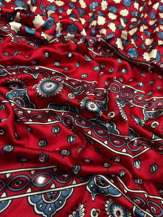 Gorgeous Red Crape Silk Ajrakh Printed Mirror Work Saree