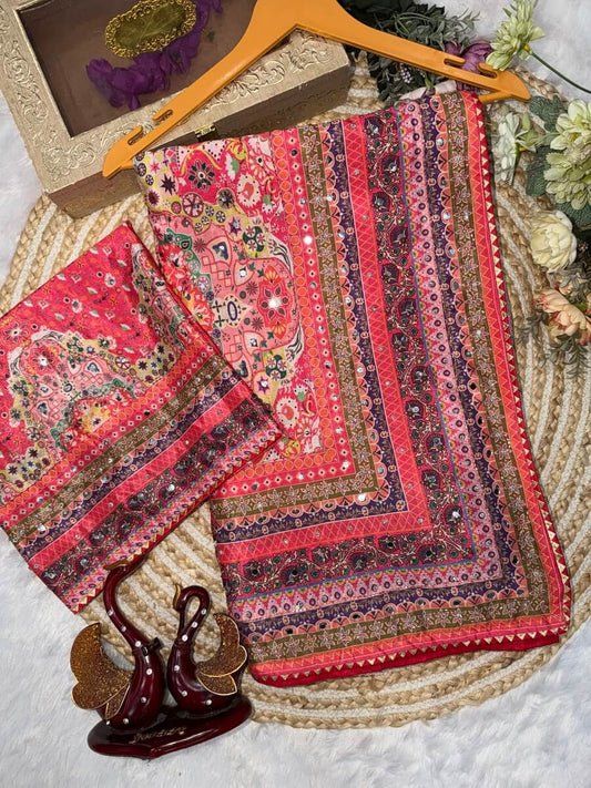 Fantabulous Multicolor Chinon Silk Printed Mirror Work Saree
