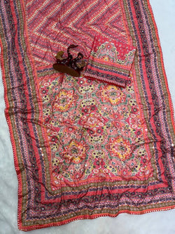 Fantabulous Multicolor Chinon Silk Printed Mirror Work Saree