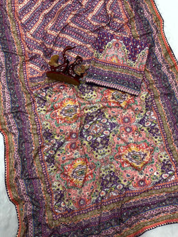 Outstanding Multicolor Chinon Silk Printed Mirror Work Saree