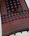 Enthralling Black Crape Silk Ajrakh Printed Mirror Work Saree