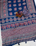 Divine Blue Crape Silk Ajrakh Printed Mirror Work Saree