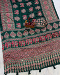 Elaborate Dark Green Crape Silk Ajrakh Printed Mirror Work Saree