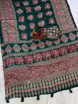 Elaborate Dark Green Crape Silk Ajrakh Printed Mirror Work Saree