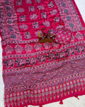 Skinny Dark Pink Crape Silk Ajrakh Printed Mirror Work Saree