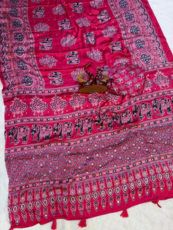 Skinny Dark Pink Crape Silk Ajrakh Printed Mirror Work Saree