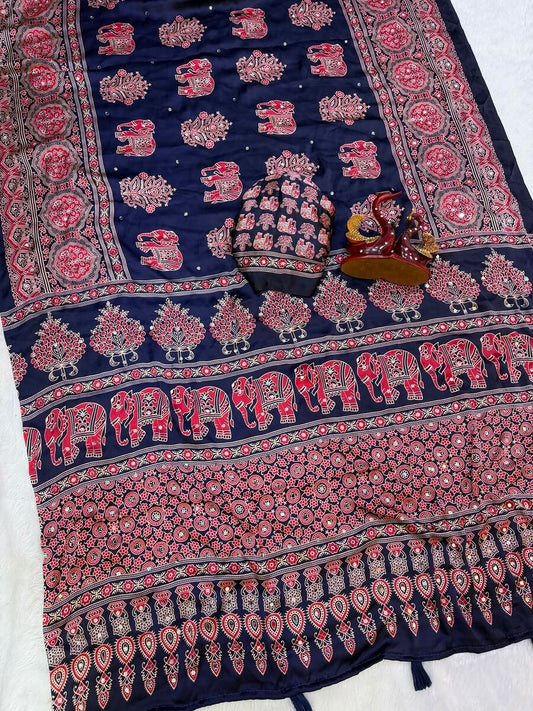 Rhapsody Navy Blue Crape Silk Ajrakh Printed Mirror Work Saree