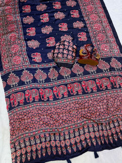 Rhapsody Navy Blue Crape Silk Ajrakh Printed Mirror Work Saree