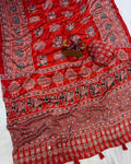 Sizzling Red Crape Silk Ajrakh Printed Mirror Work Saree