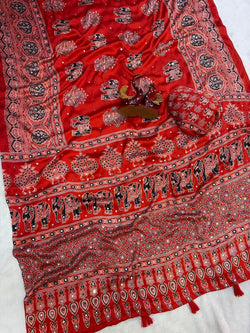Sizzling Red Crape Silk Ajrakh Printed Mirror Work Saree